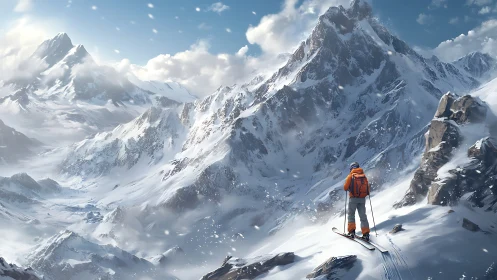 Backcountry skier surveying high-alpine powder basin panorama