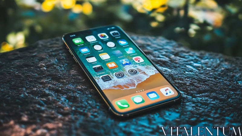 iPhone Display Screen Mounted on Textured Dark Surface with Blurred Yellow Flowers