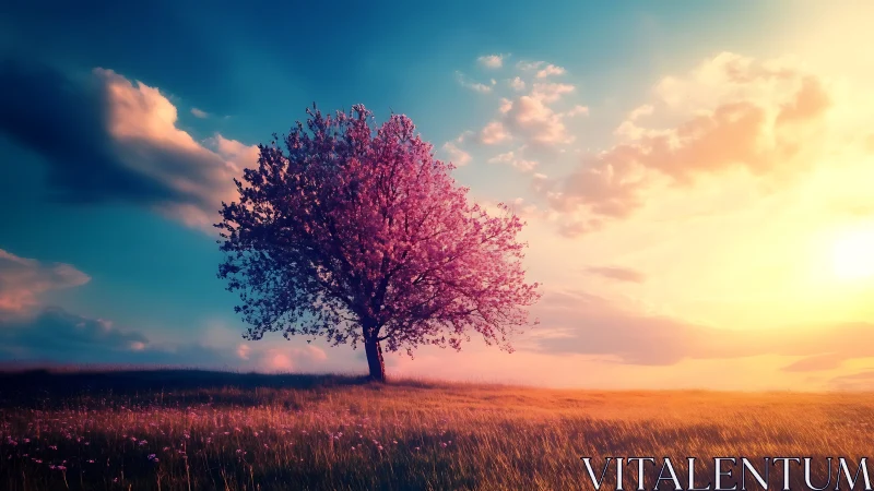 Isolated blossom tree under high-saturation sunset gradient lighting