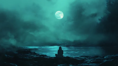 Moonlit lake sitter breathing quiet storms of turquoise night.