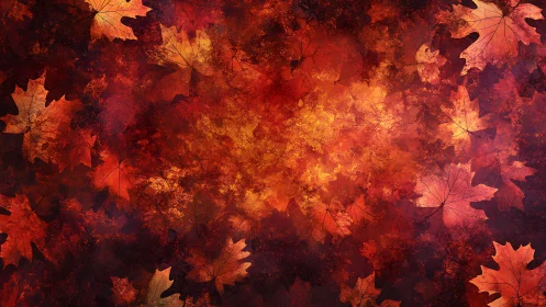 Autumn maple leaves forming dense red and orange border.