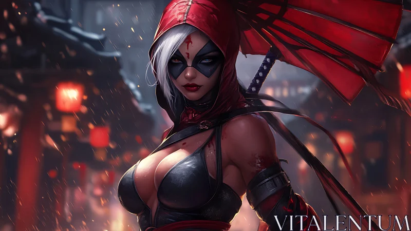 Masked assassin in neo-feudal alley rendered as digital painting