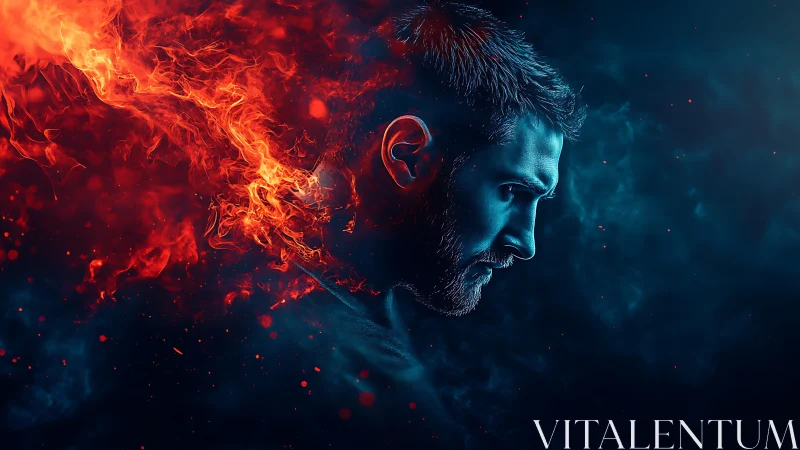 Profile of male head with fiery abstract energy plume.