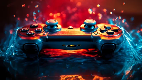 Game controller ignites neon splashes in dynamic contrast.