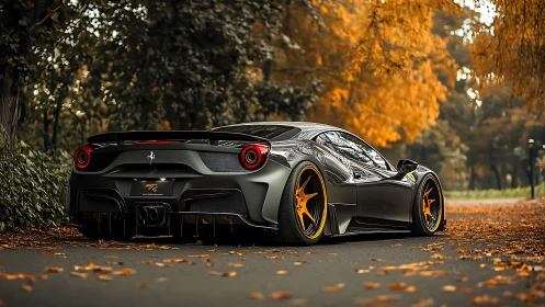 Sleek sports car gliding through a glowing autumn escape.