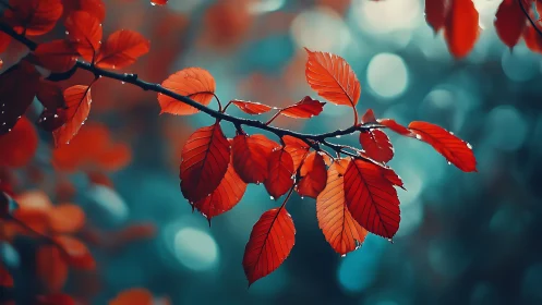 Scarlet leaves drifting through teal-tinted woodland hush.