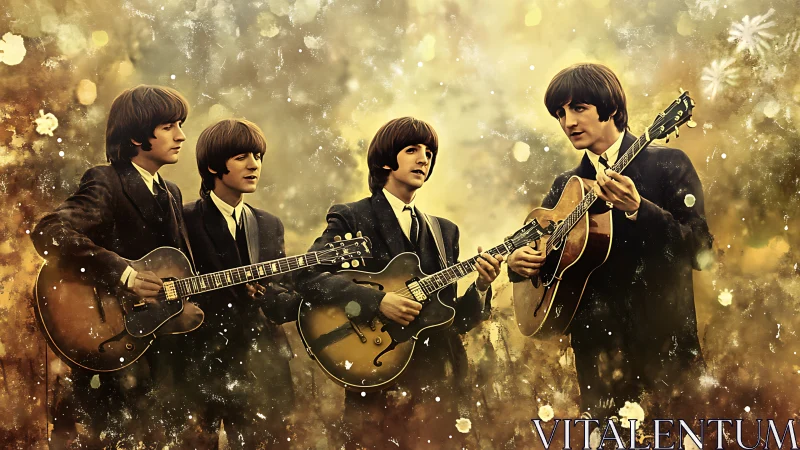 Vintage rock band plays guitars in a dreamy golden haze