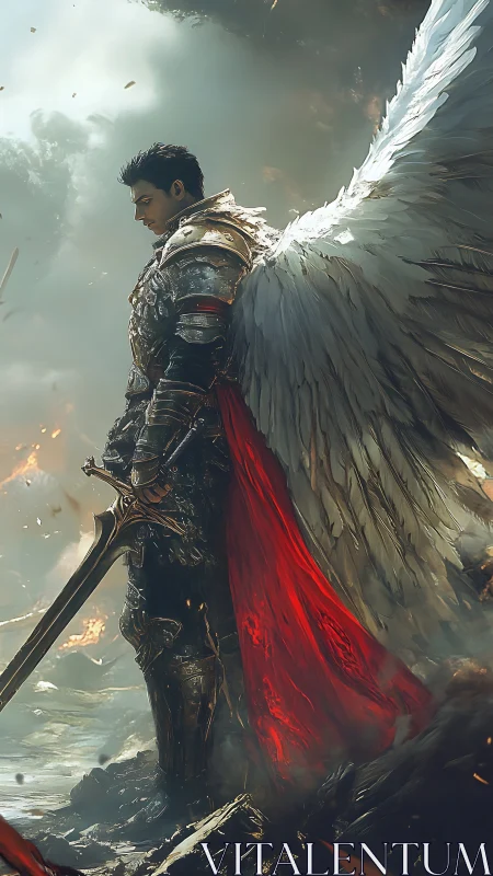 Winged knight in scorched battlefield with crimson cloak.