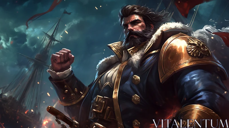 Naval warlord in gilded armor commanding stormy seas.