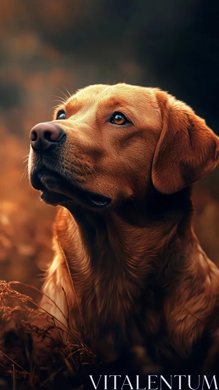 Golden dog gazes upward in warm autumnal evening light