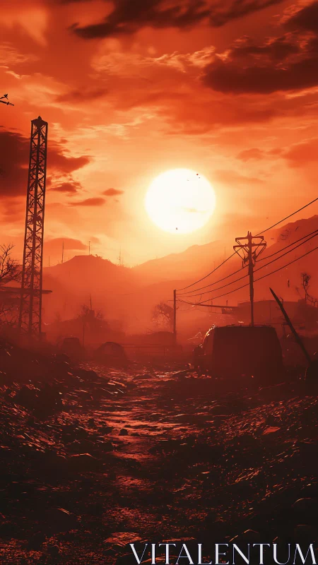 Apocalyptic red sunset illuminates derelict industrial roadway