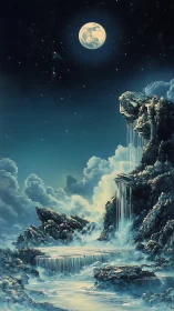 Moonlit tiered waterfalls in rocky clouded landscape scene.