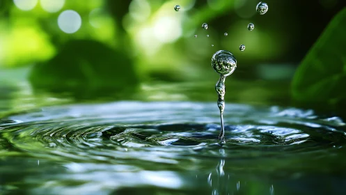 Macro water droplet splash forms reflective liquid column midair