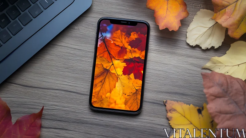 Autumn Workspace: Smartphone Displays Vibrant Fall Foliage Scene.