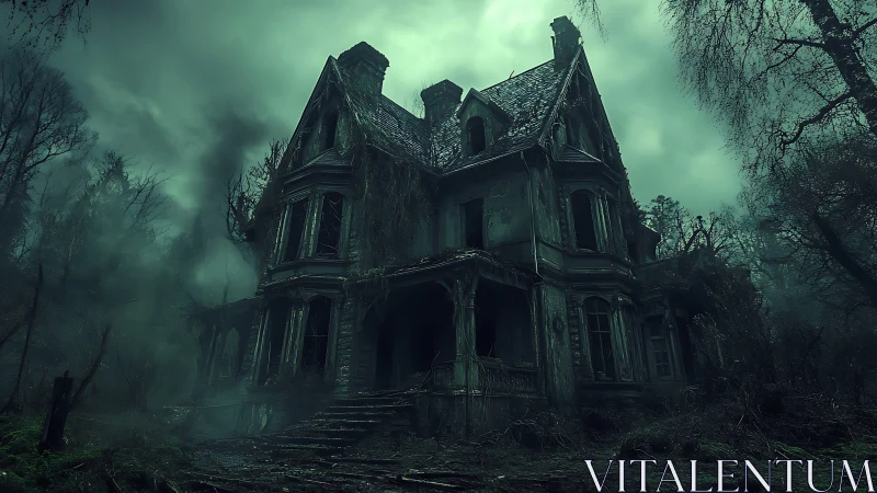 Fog-drowned gothic mansion broods beneath poison-green sky.