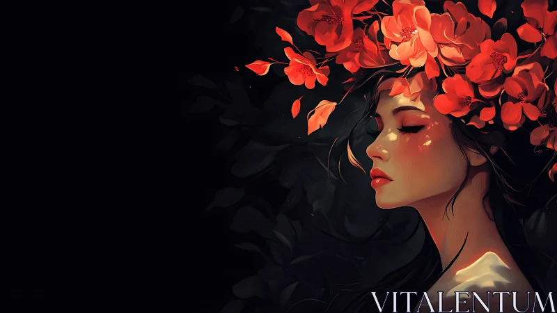 Floral crowned woman in shadowed profile, crimson bloom focus.
