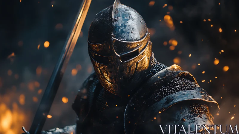 Armored medieval knight with sword amid floating embers.