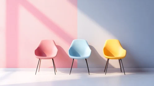 Triad of molded chairs against split pastel wall in sunlight