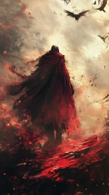 Solitary cloaked figure stands in turbulent red landscape