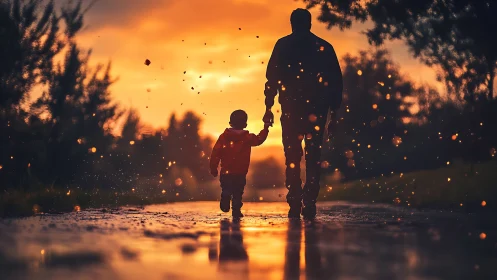 Silhouetted parent and child walk through glowing sunset rain
