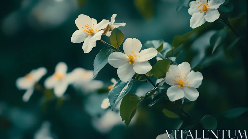 White Blossoms in Teal Atmosphere: Nature Photography.