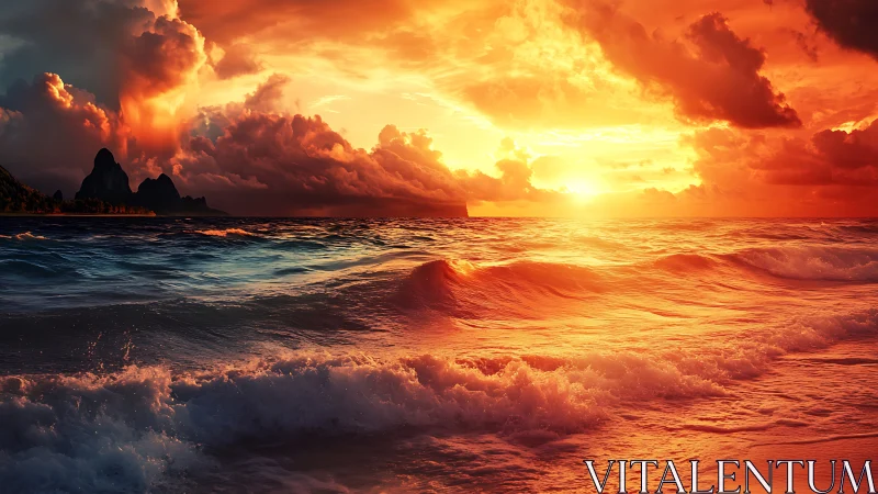 Fiery tropical seascape at sunset with dramatic clouds.