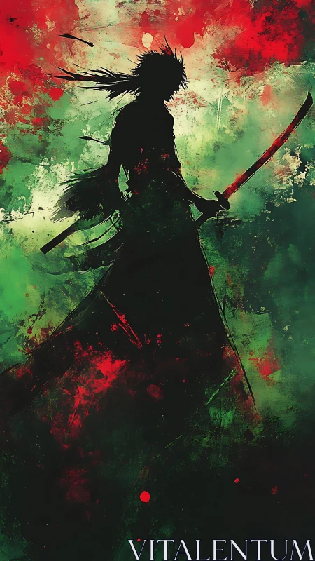 Lone samurai silhouette stands strong in swirling color storm