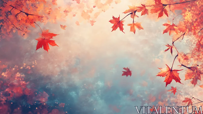 Maple leaves suspended over soft pastel autumn sky.