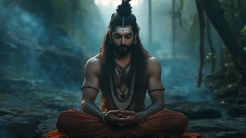 Serene forest yogi in deep meditation at dawn.
