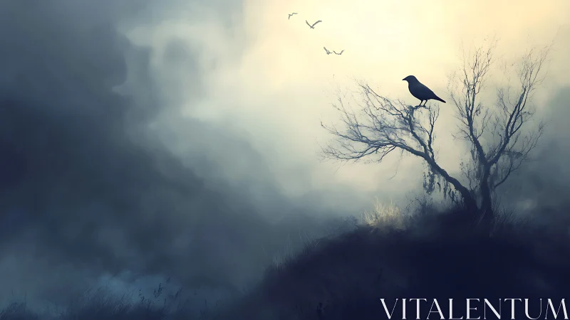 Quiet crow at dawn resting on a lonely misty hillside.