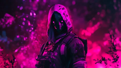 Hooded masked figure stands in neon pink illuminated forest