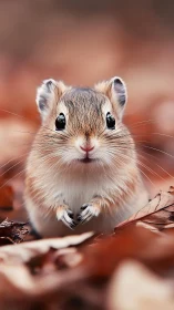 Small rodent stands upright on autumn leaves in soft focus