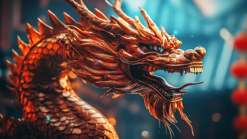 Radiant copper dragon bust with cinematic depth of field.