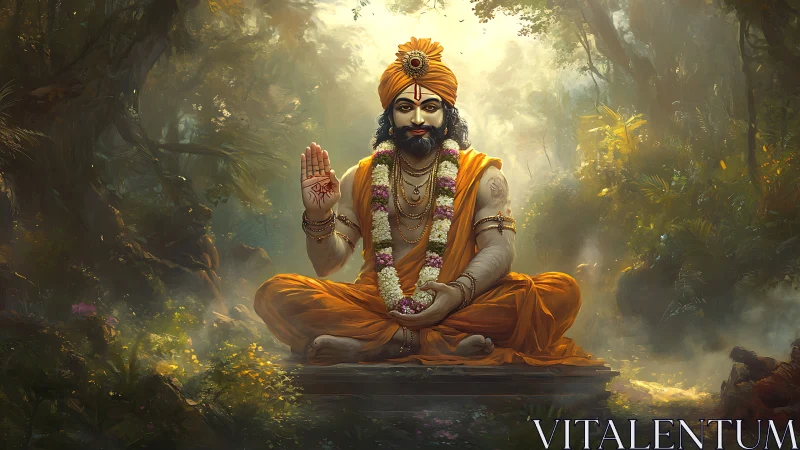 Golden robed sage offers calm blessing in a misty forest