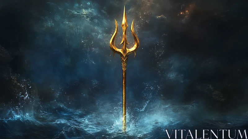 Golden sea trident rises in swirling midnight ocean light