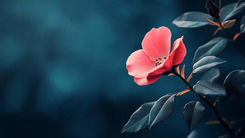 Coral bloom glows against deep teal bokeh background.