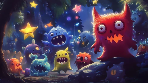 Colorful cartoon monsters gather in a glowing night forest.