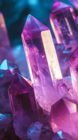 Luminous purple crystal cluster glows in ethereal light.