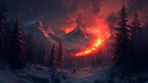 Alpine volcanic eruption with molten lava and snow-covered forest landscape.