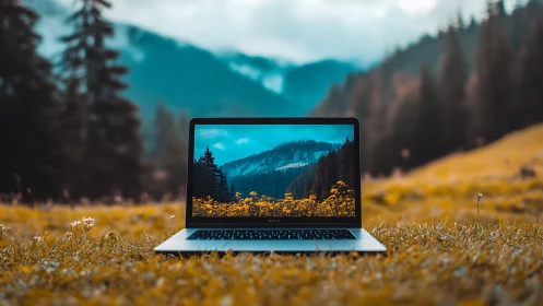 Open laptop integrates alpine landscape within its display