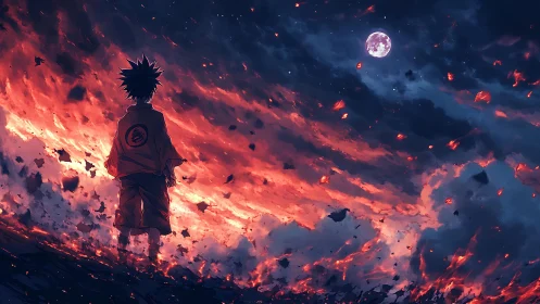 Lone anime wanderer watching a burning storm sky ignite.