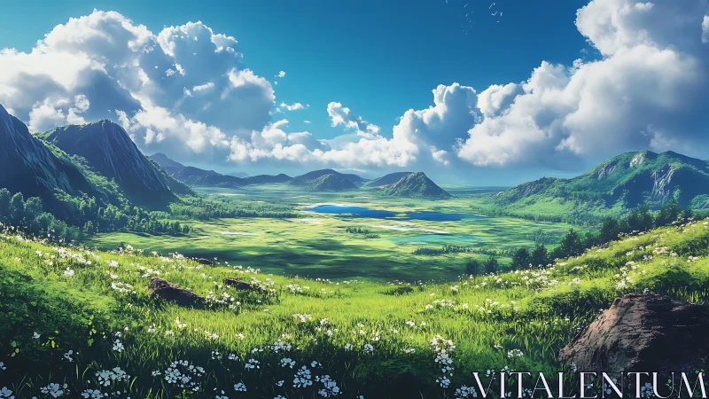 Sunlit green valley opens wide beneath bright gentle clouds