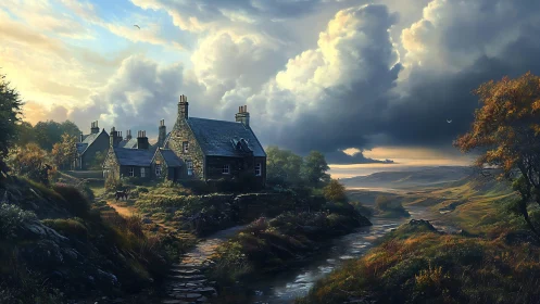 Cozy stone cottages beside a winding stream at dusk.