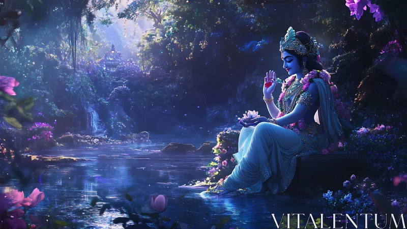 Divine blue figure meditating by luminous river in dense forest