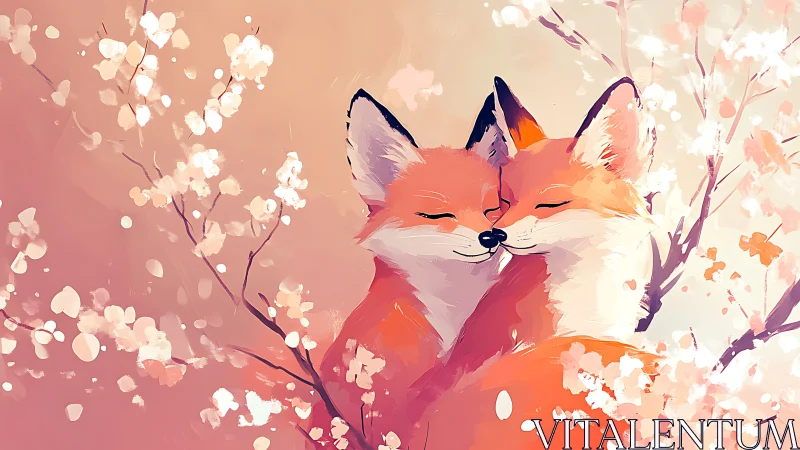 Fox couple share a tender embrace amid spring blossoms.