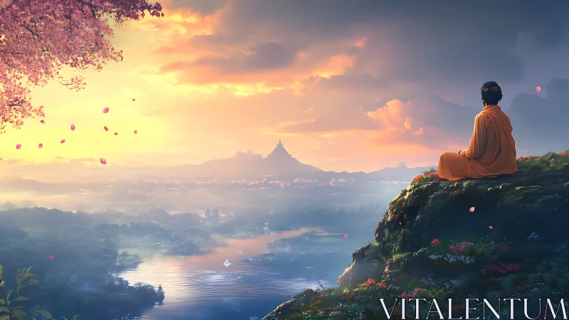 Meditative figure observes volumetric sunrise over misted valley