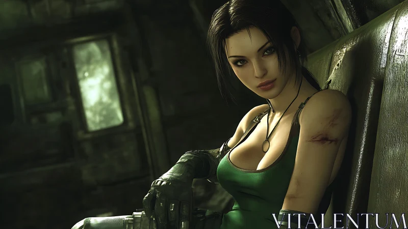 Rendered female figure seated in dim industrial interior