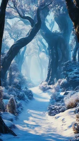 Frozen Forest Canyon with Luminous Ice Stream Path.