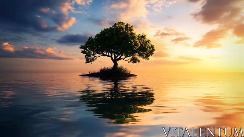 Solitary tree on small island during sunset with water reflection