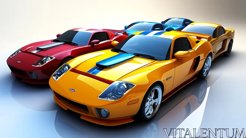 Rendered lineup of brightly colored performance coupes.